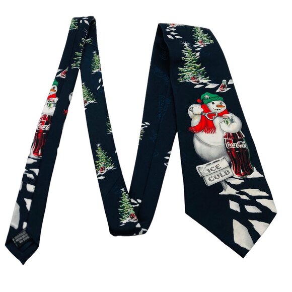 Vtg Coca Cola Snowman Novelty Necktie Christmas Trees Ice Cold Bottle Polyester - Picture 7 of 9